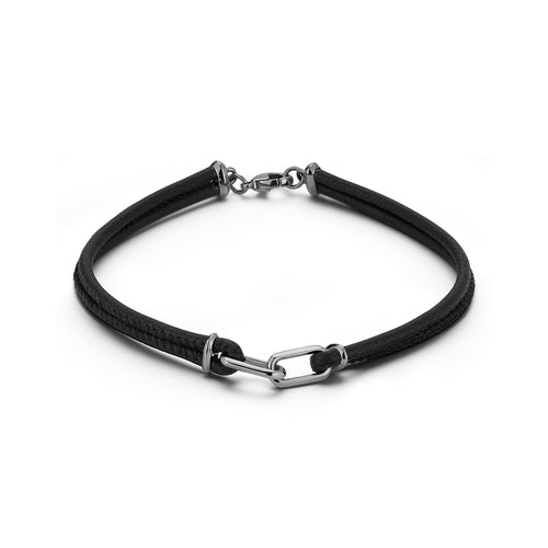 SAXON STERLING SILVER AND BLACK RHODIUM DOUBLE LINK NAPA LEATHER BRACELET