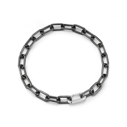 SAXON BLACK RHODIUM LINK BRACELET WITH ELONGATED STERLING SILVER SPRING LOADED CLASP