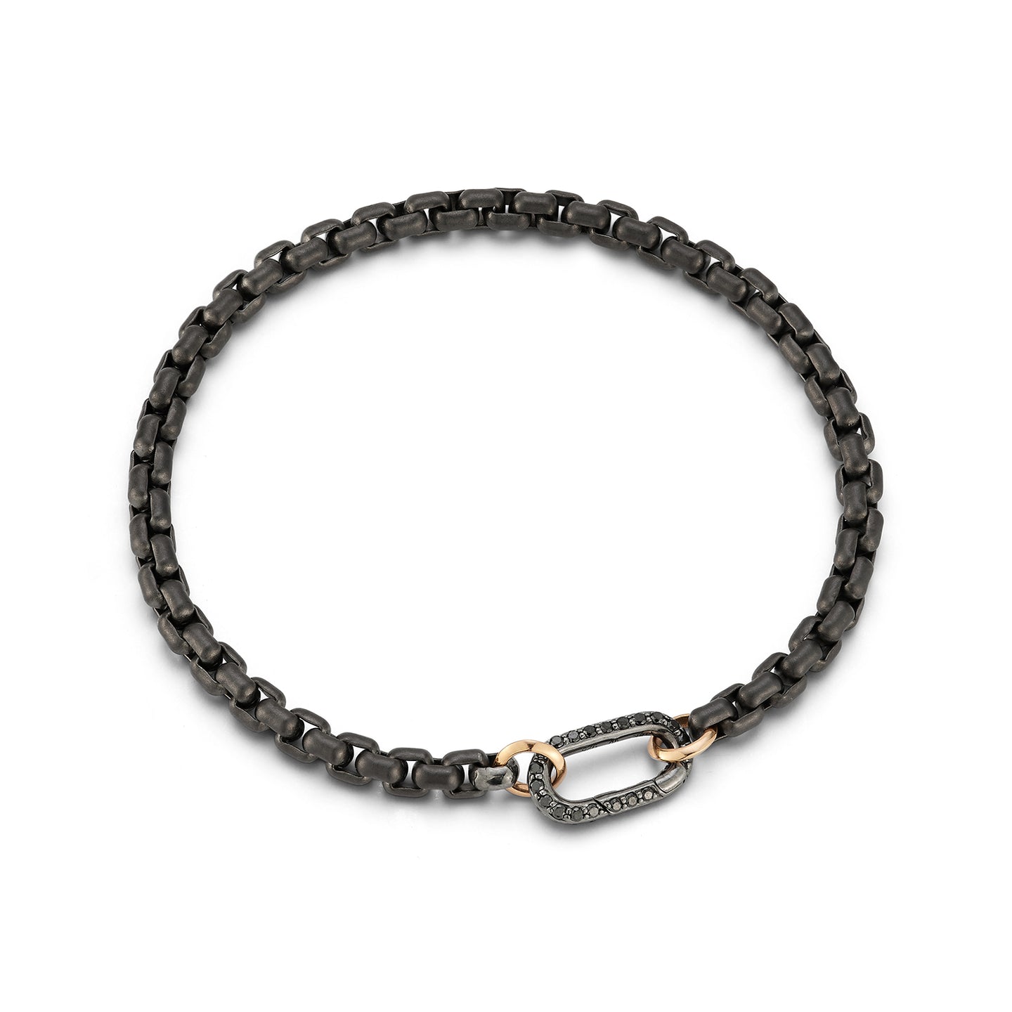 SAXON STERLING SILVER CHAIN LINK BRACELET WITH 18K BLACK GOLD AND BLACK DIAMOND ELONGATED CLASP