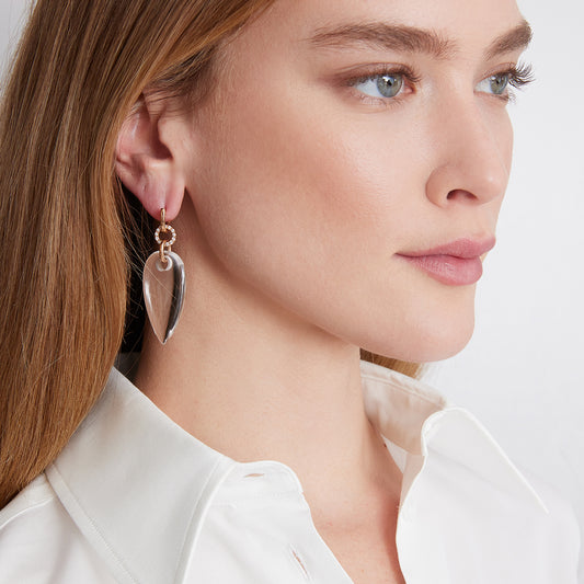 BELL 18K DIAMOND, AND ROCK CRYSTAL REVERSE PEAR SHAPE DROP EARRINGS