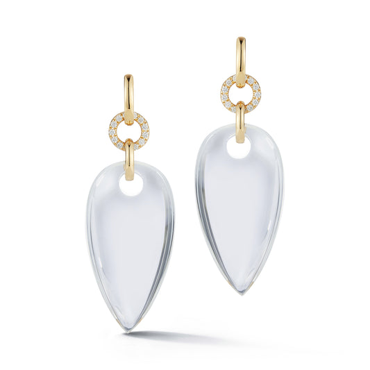 BELL 18K DIAMOND, AND ROCK CRYSTAL REVERSE PEAR SHAPE DROP EARRINGS