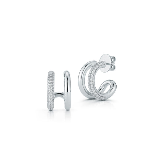 MORRELL 18K WHITE GOLD AND DIAMOND ELONGATED LINK SMALL HOOP EARRINGS