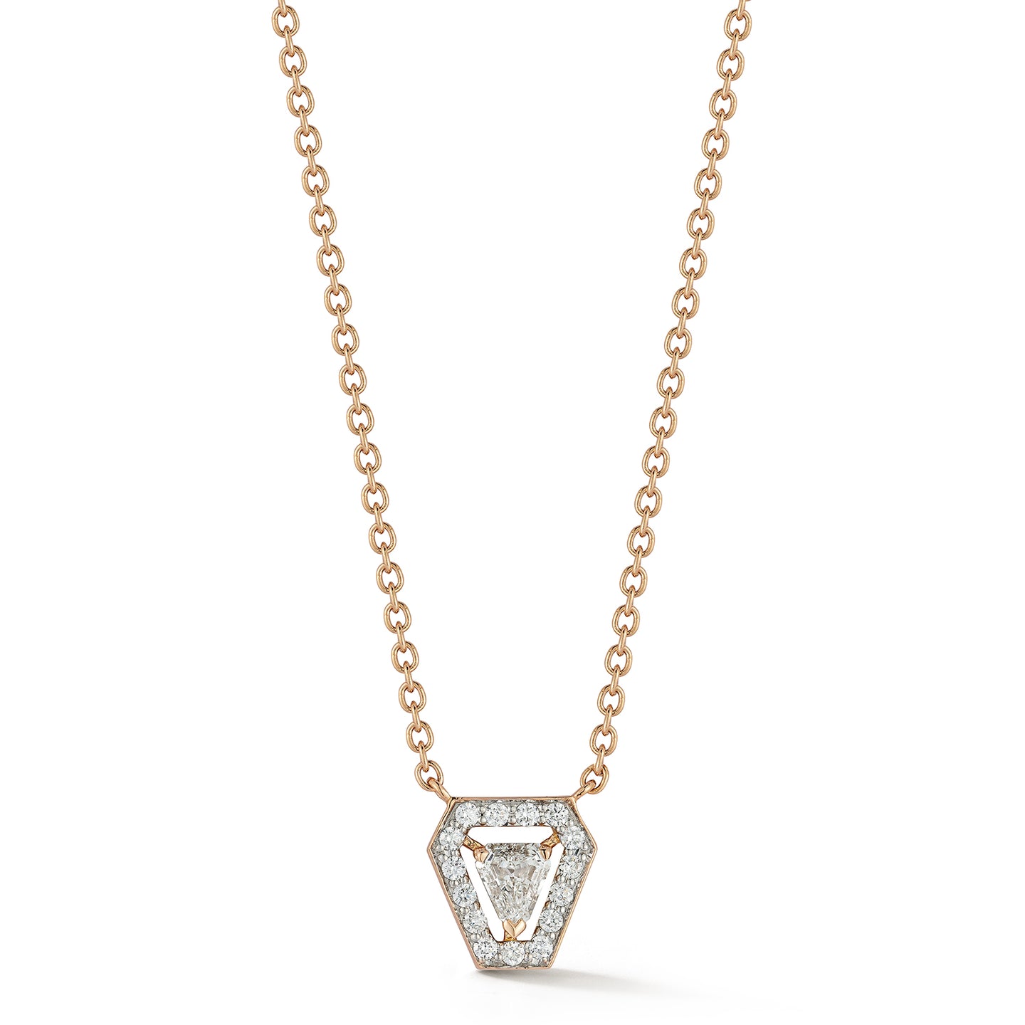 KEYNES 18K ROSE GOLD AND SHIELD SHAPED DIAMOND PENDANT