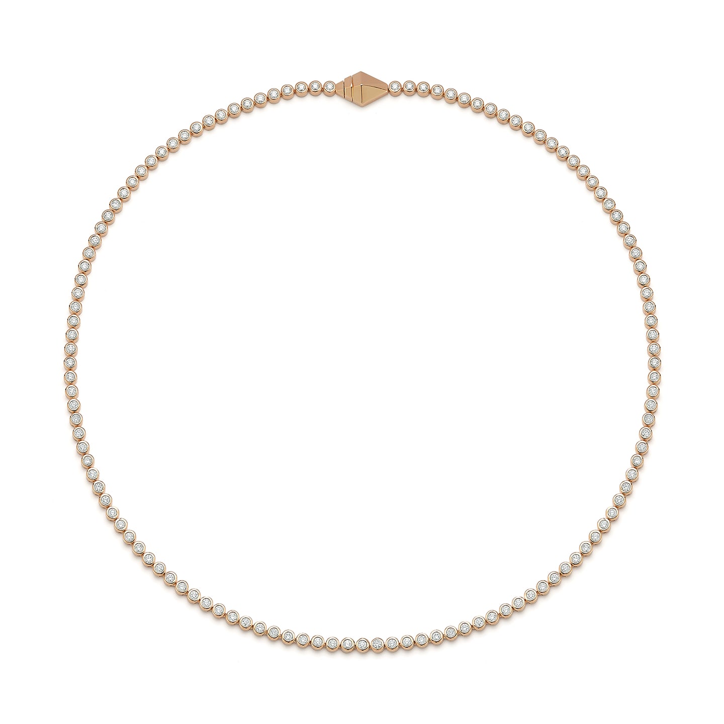 WF CLASSIC 18K BEZEL SET TENNIS NECKLACE WITH ORIGAMI CLASP