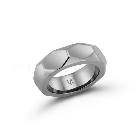 QUENTIN STERLING SILVER AND BLACK RHODIUM FACETED HEXAGON BAND RING