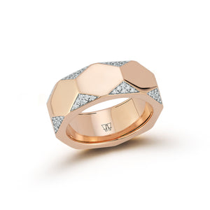 QUENTIN 18K ROSE GOLD AND DIAMOND FACETED HEXAGON BAND RING