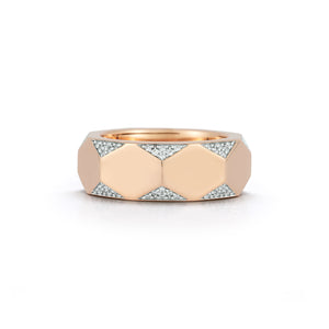 QUENTIN 18K ROSE GOLD AND DIAMOND FACETED HEXAGON BAND RING