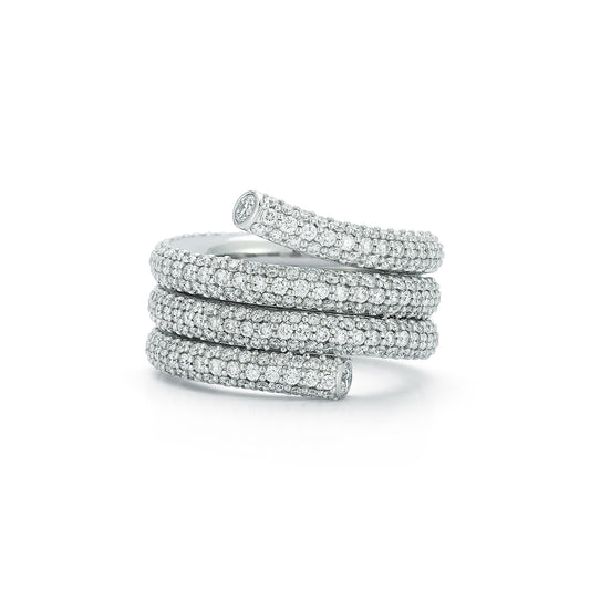 THOBY 18K WHITE GOLD AND PAVE DIAMOND TRIPLE ROW SPIRAL RING