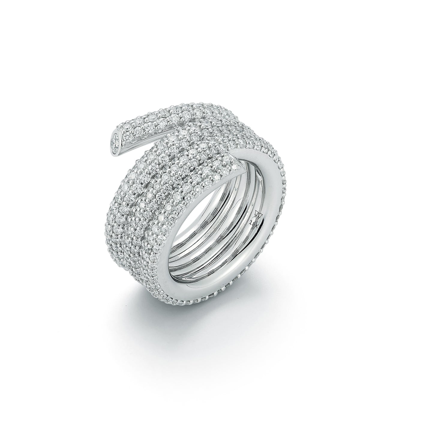 THOBY 18K WHITE GOLD AND PAVE DIAMOND TRIPLE ROW SPIRAL RING