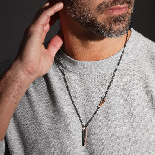 GRANT 18K ROSE GOLD, BLACK RHODIUM AND BLACK DIAMOND HEXAGON BAR PENDANT