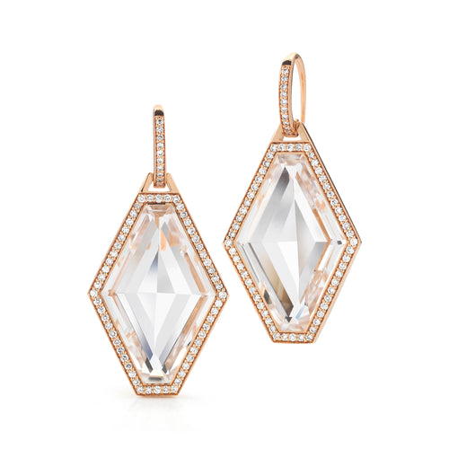 BELL 18K ROSE GOLD, DIAMOND AND ROCK CRYSTAL LARGE HEXAGON EARRINGS