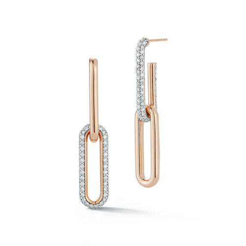 SAXON 18K ROSE GOLD AND WHITE RHODIUM DIAMOND MIX MATCHED 2 DROP ELONGATED LINK EARRING