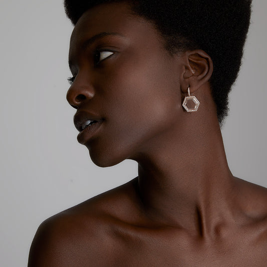 BELL 18K DIAMOND, AND ROCK CRYSTAL HEXAGON DROP EARRINGS