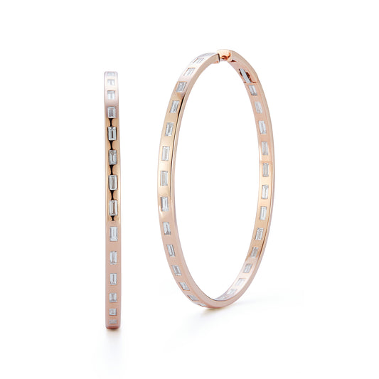 OTTOLINE 18K GOLD AND DIAMOND BAGUETTE 2" ROUND HOOP EARRING