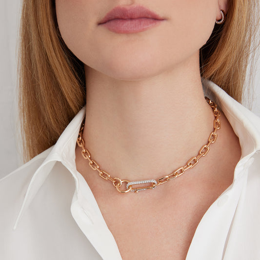 SAXON 18K GOLD CHAIN LINK NECKLACE WITH ELONGATED DIAMOND LINK CLASP