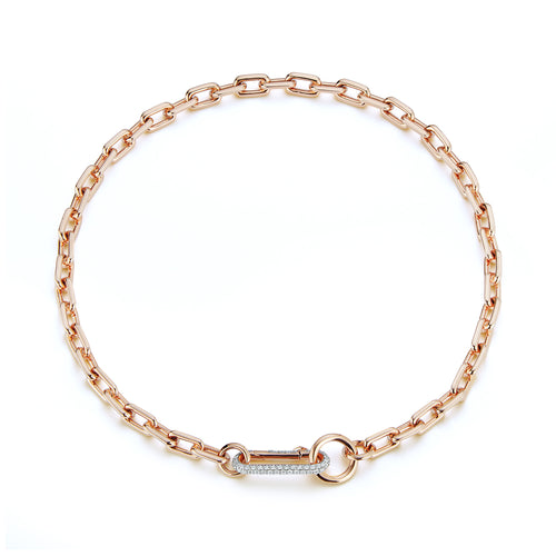 SAXON 18K ROSE GOLD CHAIN LINK NECKLACE WITH ELONGATED DIAMOND LINK CLASP