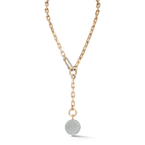 SAXON 18K ROSE GOLD CHAIN LINK NECKLACE WITH ELONGATED DIAMOND LINK CLASP AND REMOVABLE EXTENSION CHAIN