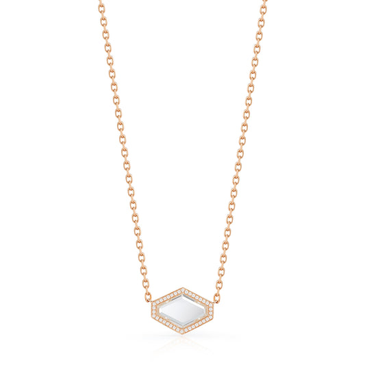BELL 18K AND DIAMOND ELONGATED HEXAGONAL ROCK CRYSTAL PENDANT