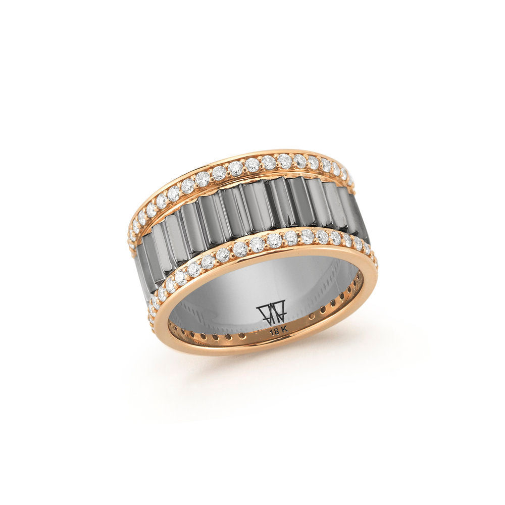 CLIVE 18K TWO TONE DIAMOND 10MM FLUTED BAND RING