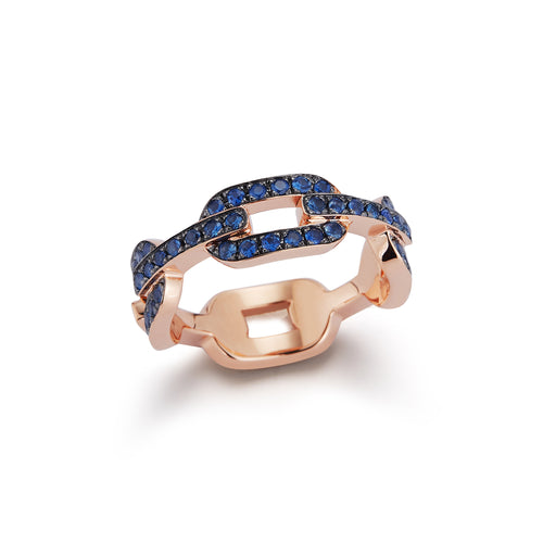 SAXON 18K ROSE GOLD AND ALL BLUE SAPPHIRE FLAT CHAIN LINK RING