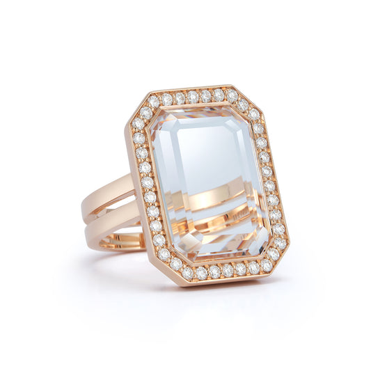 BELL 18K GOLD AND DIAMOND RECTANGULAR ROCK CRYSTAL RING