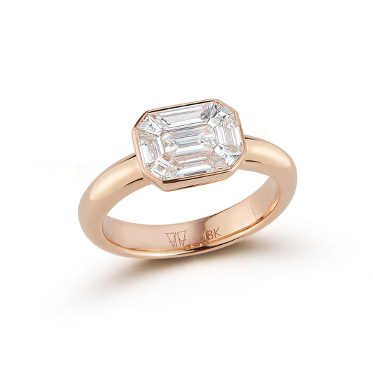 THOBY 18K GOLD ILLUSION SET DIAMOND EAST WEST EMERALD CUT RING