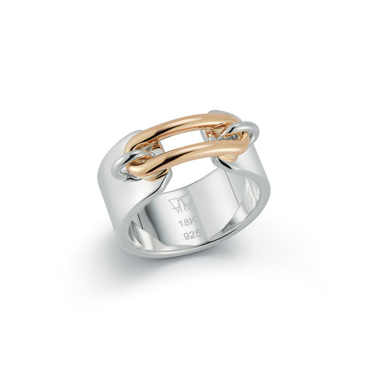 MORRELL 18K GOLD AND STERLING SILVER ELONGATED OVAL LINK CUFF RING